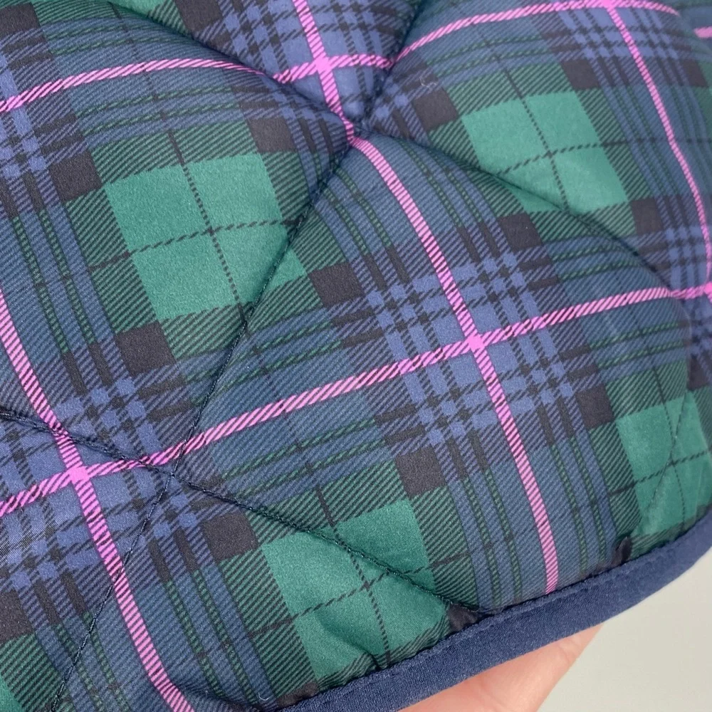 J. Crew Tartan Plaid Quilted Insulated Puffer Vest Jacket Navy Blue Green Pink S
